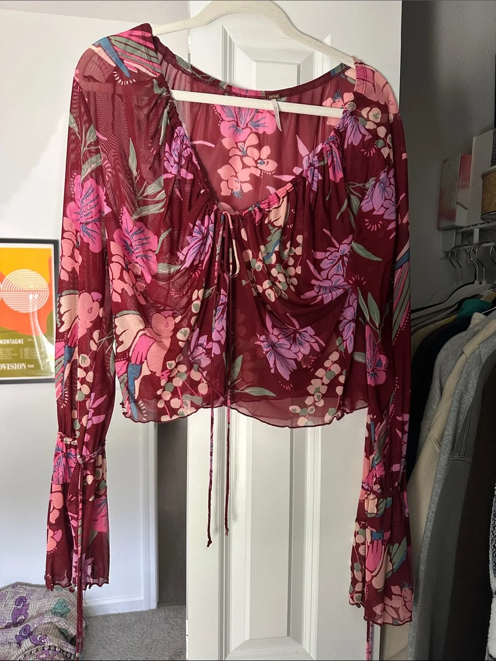 Free People Burgundy Sheer Floral Tie-Front Blouse